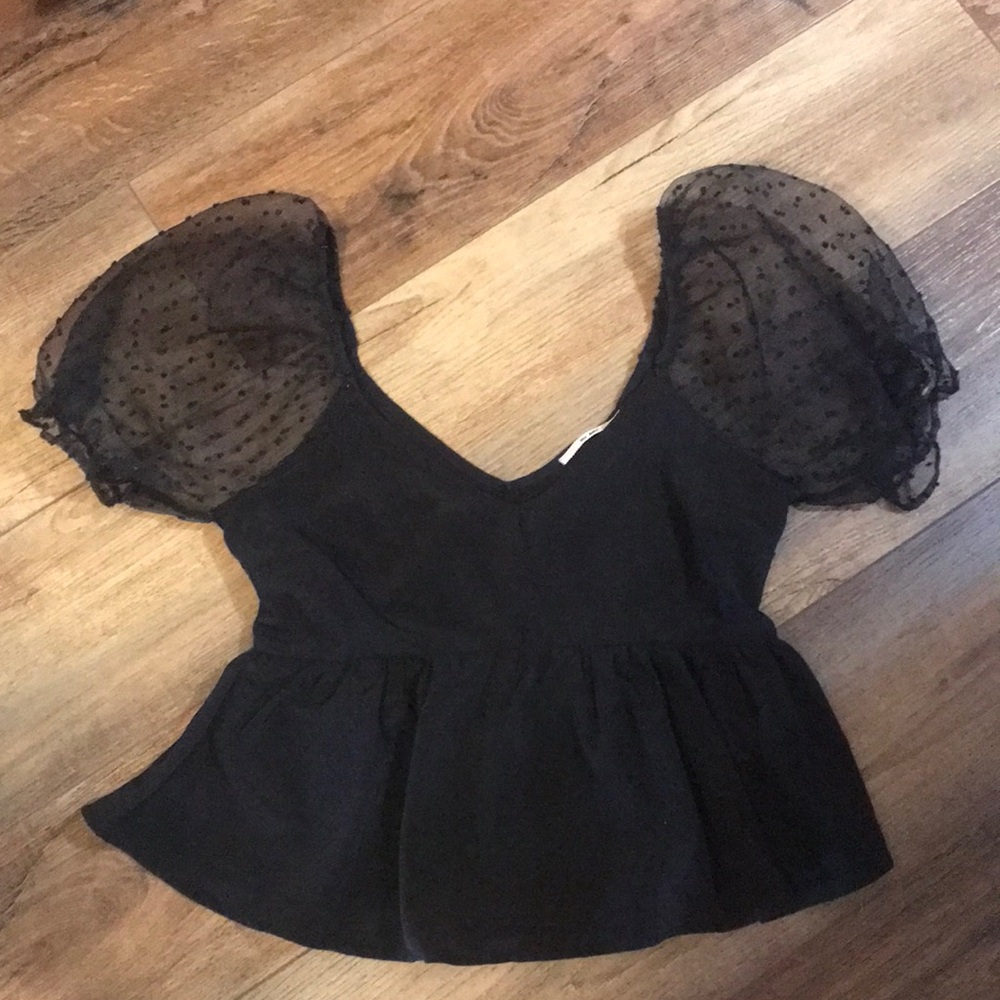 Mi Ami Black Swiss Dot Puff Sleeve Peplum Top